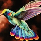 Colorful hummingbird digital artwork with orange flowers and dark background