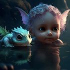 Young girl and gentle dragon in serene moonlit water scene