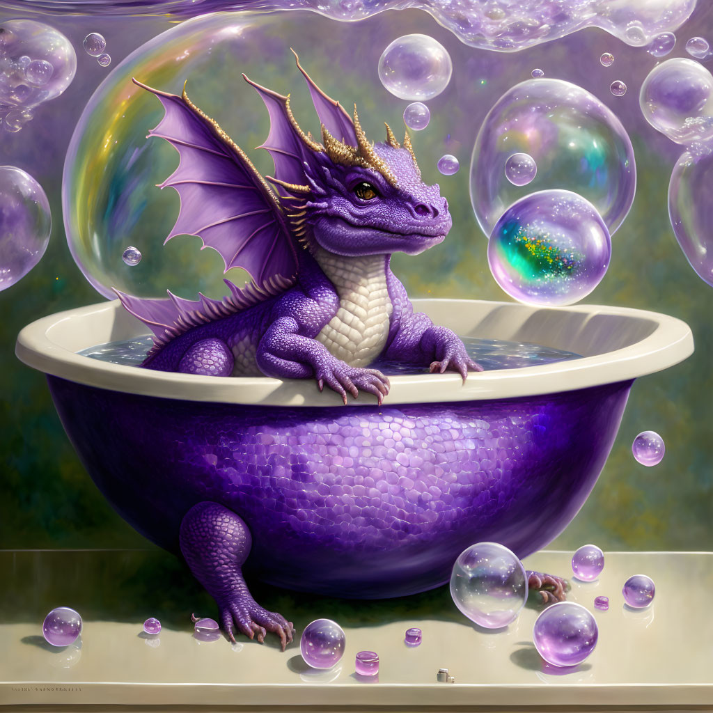 Purple Dragon in Bathtub Surrounded by Iridescent Soap Bubbles