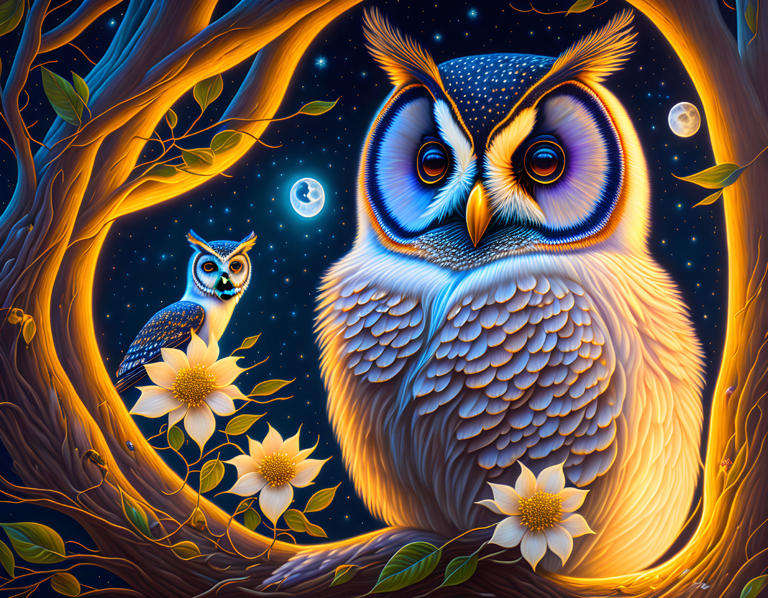 Colorful Owl Illustration Perched on Flowering Branches