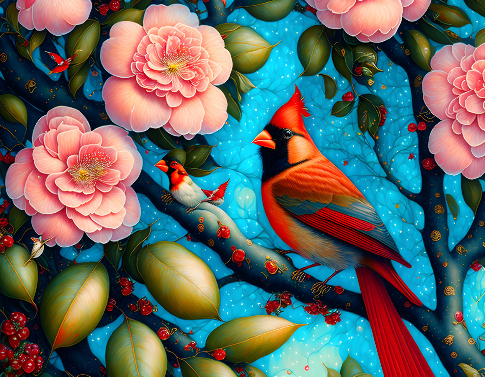 Colorful Cardinal Bird Illustration Among Pink Blossoms and Foliage