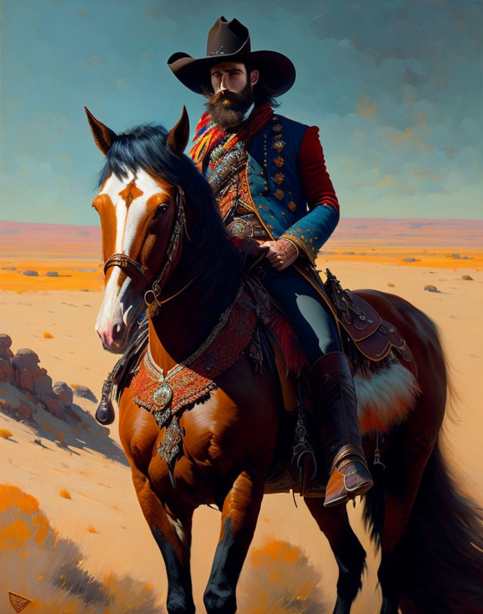 Regal individual in cowboy attire riding horse in sunlit desert