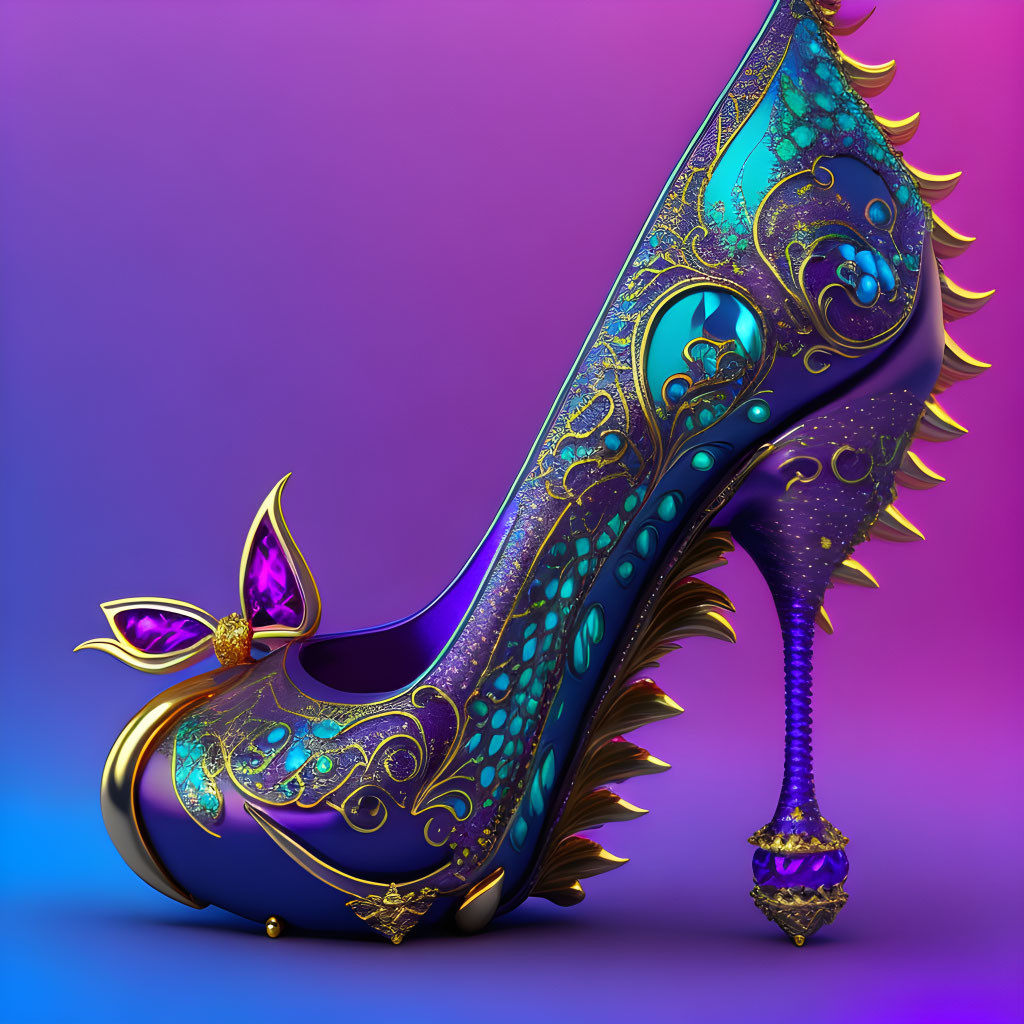 Elaborate Gold Pattern High-Heeled Shoe with Butterfly Motif