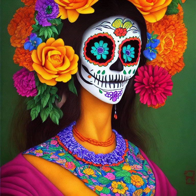 Colorful Dia de los Muertos painting: person with skull face paint, floral crown, traditional blouse