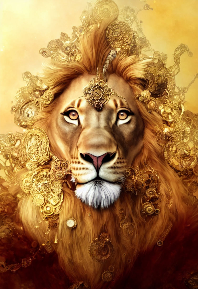 Mechanical lion with golden gears on warm backdrop