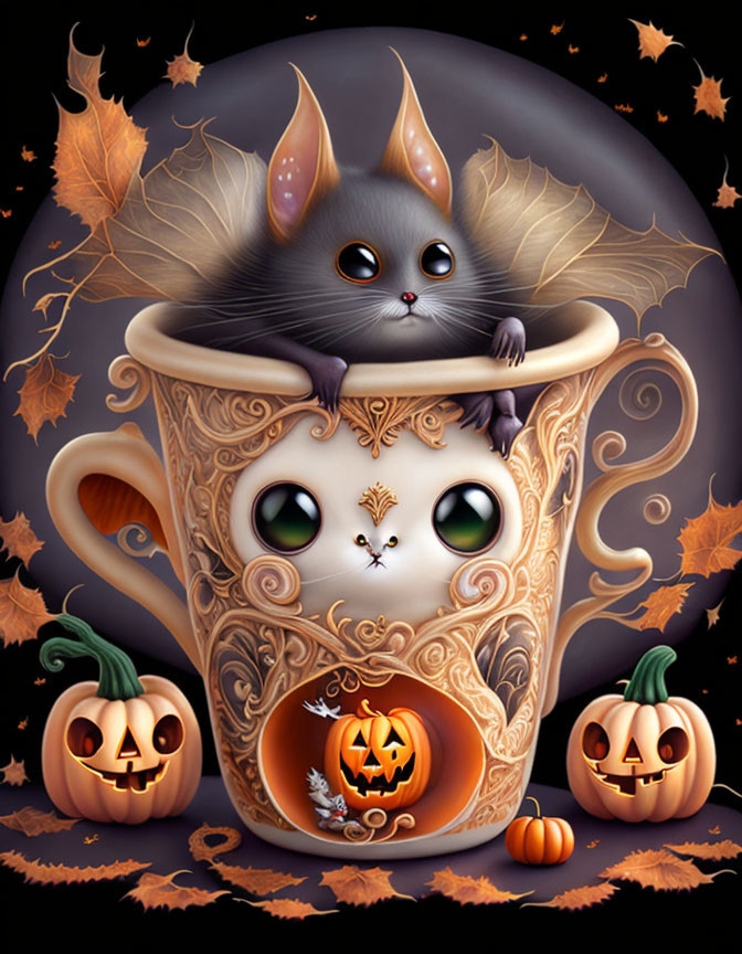 Bat-Eared Kitten in Cat Face Cup Surrounded by Fall Decor