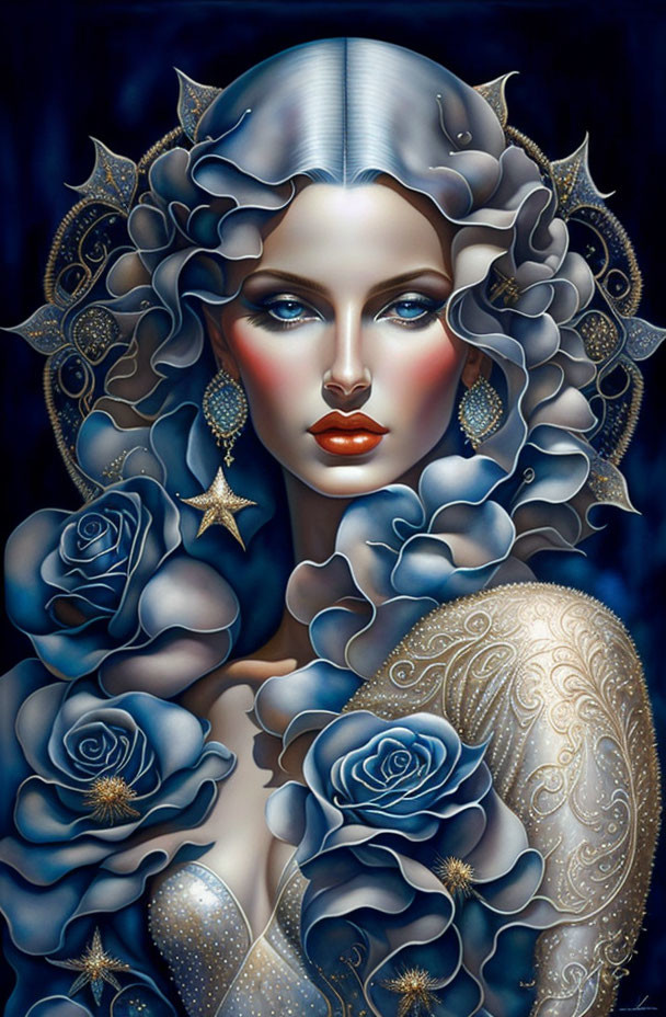 Stylized painting of a woman with blue roses, star earrings, captivating eyes, and golden dress