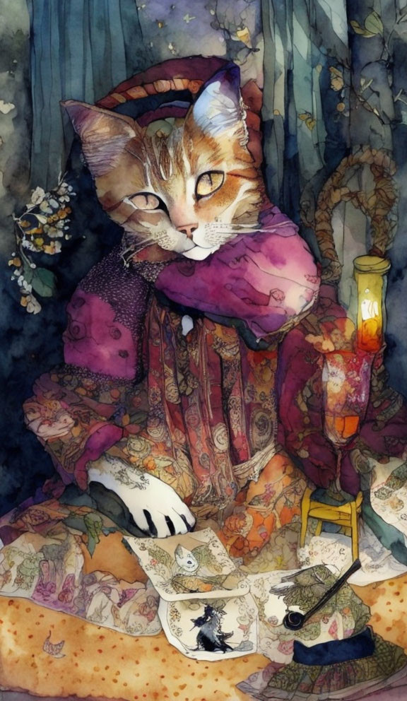 Anthropomorphic Cat in Ornate Attire Surrounded by Papers, Ink, and Quill