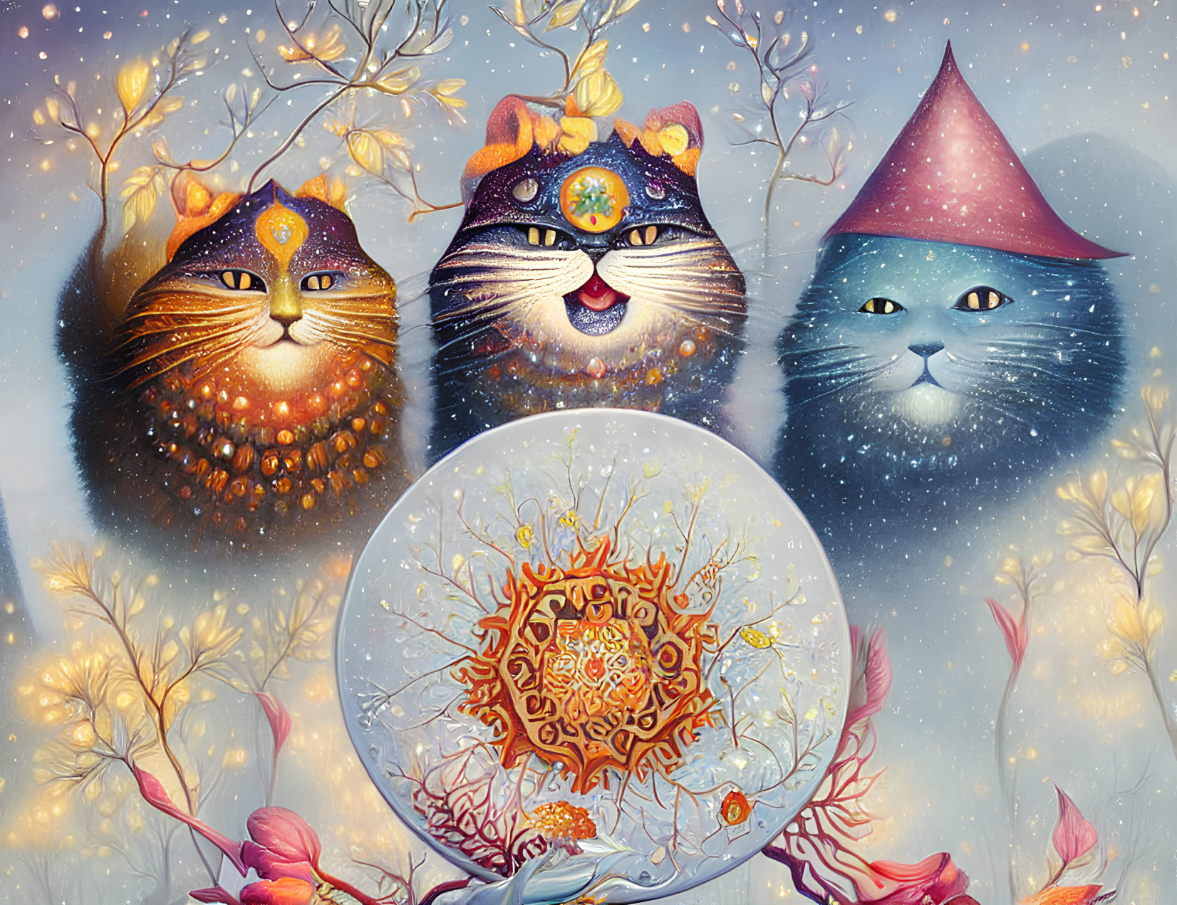 Three whimsical cats in ornate attire in mystical snowy setting