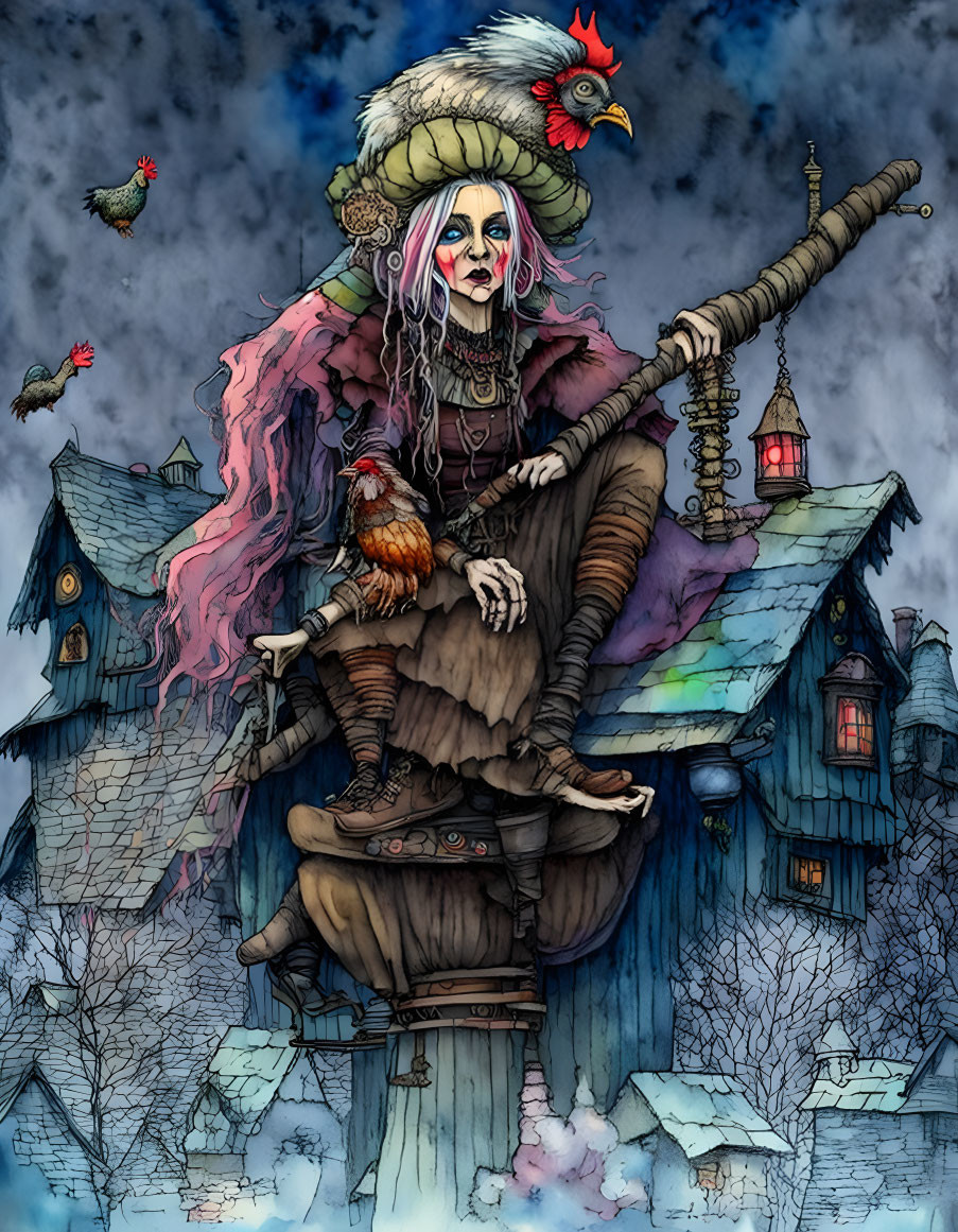 Illustrated woman in fur hat on pole amidst colorful houses at dusk