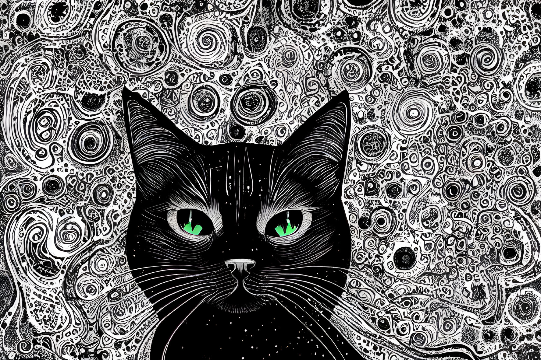 Black Cat with Green Eyes on Paisley Swirl Background