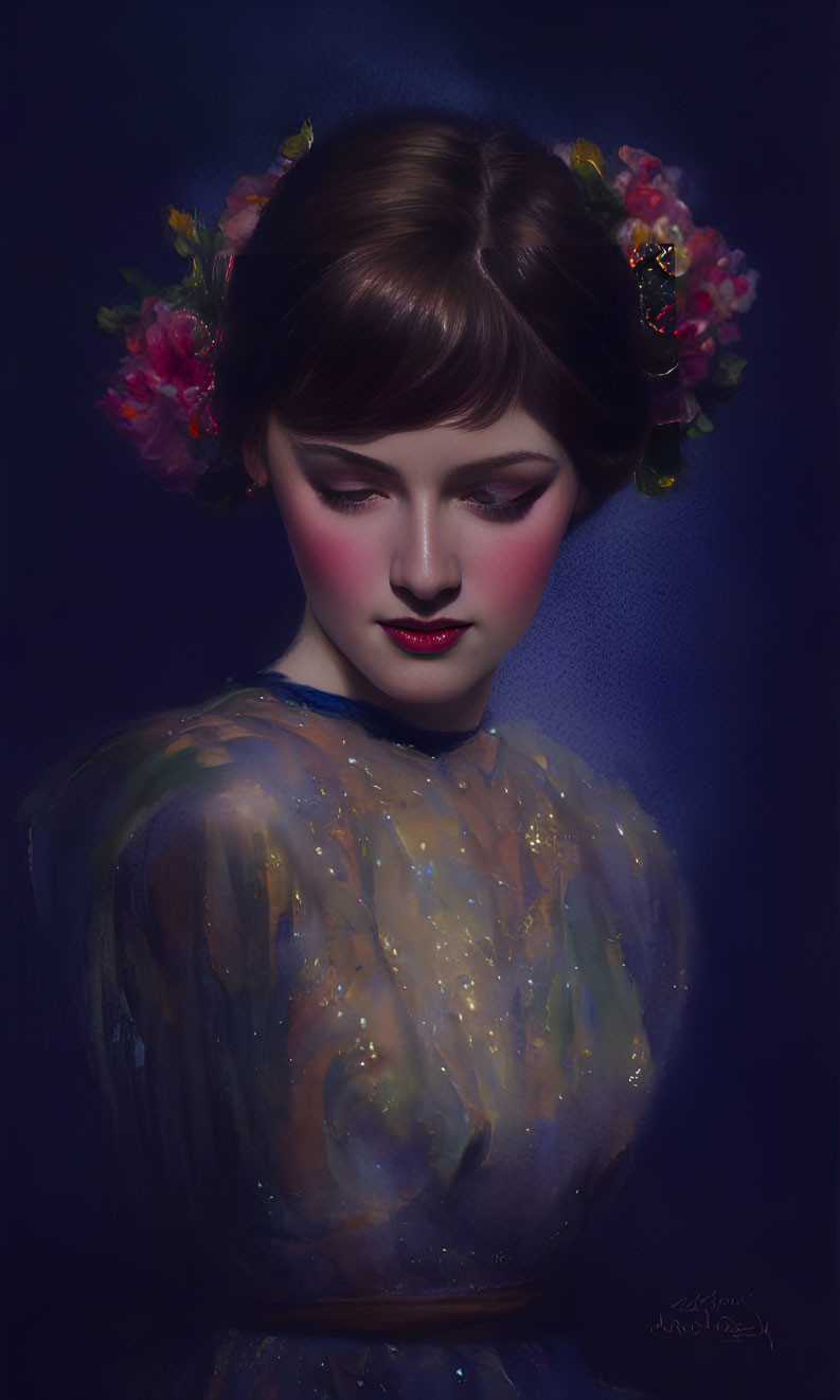 Digital painting of woman with flower crown, rosy cheeks, and starry dress on dark background