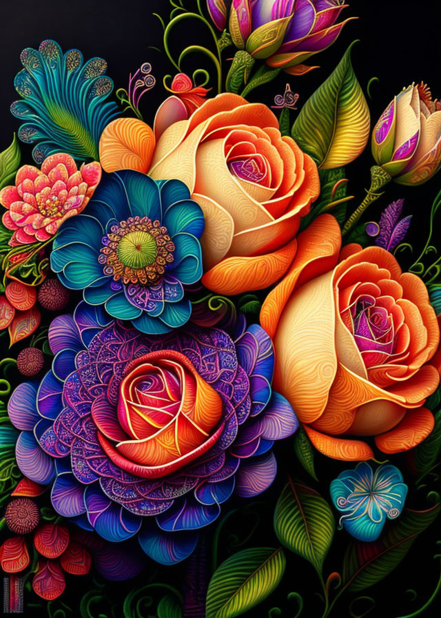 Colorful Stylized Flower Bouquet Artwork on Dark Background