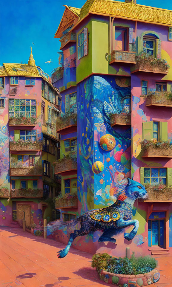 Colorful street mural featuring peacock with fish scales amidst whimsical architecture under clear blue sky