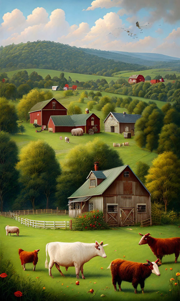 Rural landscape with green hills, red barns, grazing animals, trees, clear sky