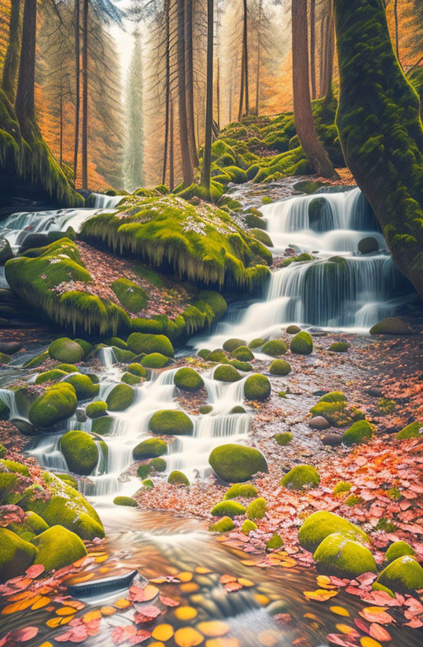 Tranquil woodland stream with cascades and autumnal trees