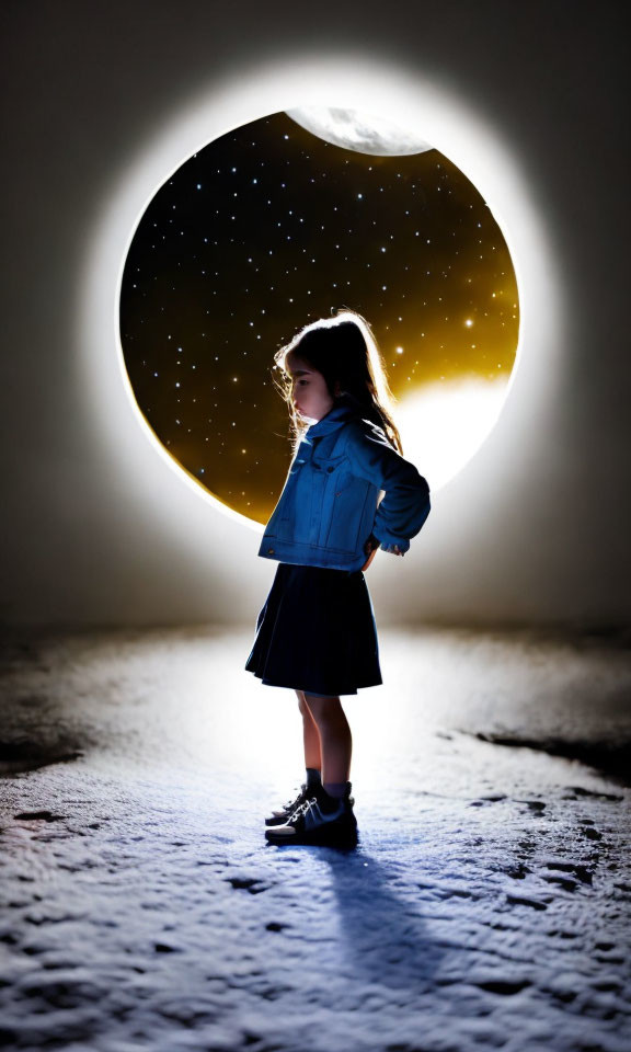 Child Silhouetted in Snowy Terrain Under Starry Night Sky