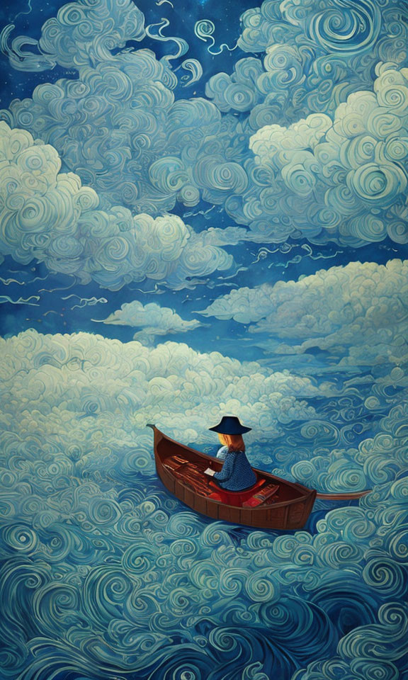 Person in boat with hat in surreal sea of swirling blue clouds and waves