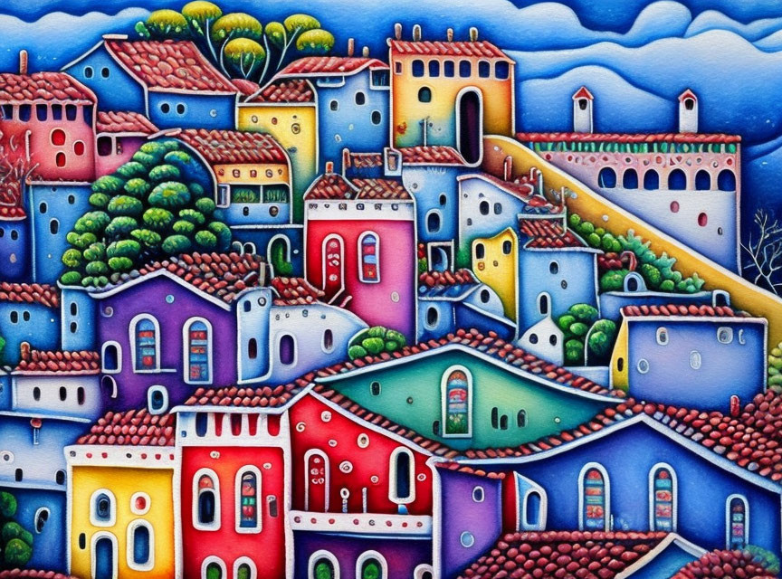 Colorful Village Painting with Stylized Houses in Purple, Red, Blue, and Yellow