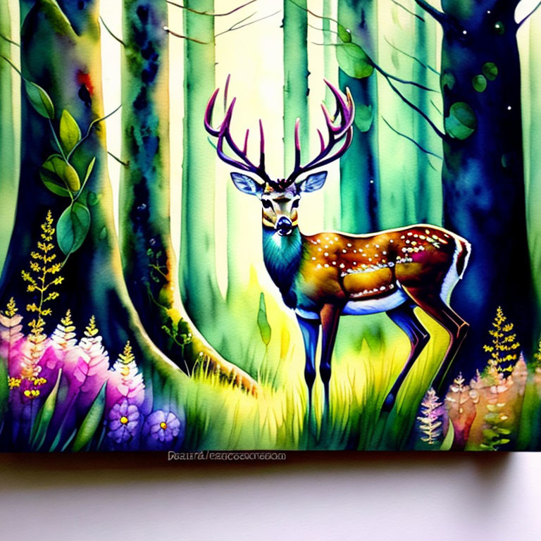 Colorful Deer Painting Surrounded by Flowers and Trees