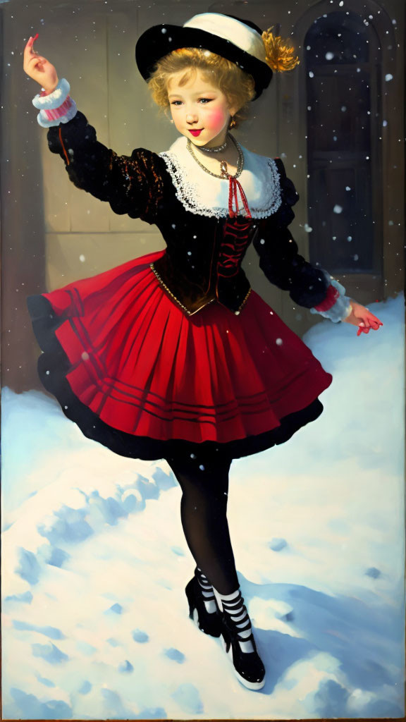 Young girl in red dress and black hat ice skating on snowy day