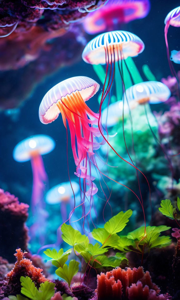 Colorful Jellyfish in Neon-Lit Aquarium Setting