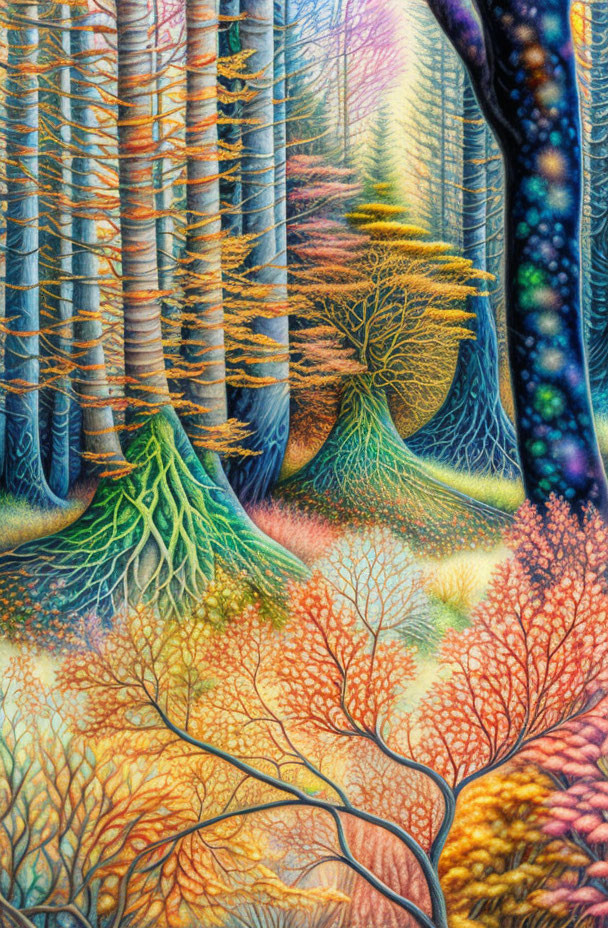 Detailed painting of vibrant, surreal forest with colorful trees and intricate roots