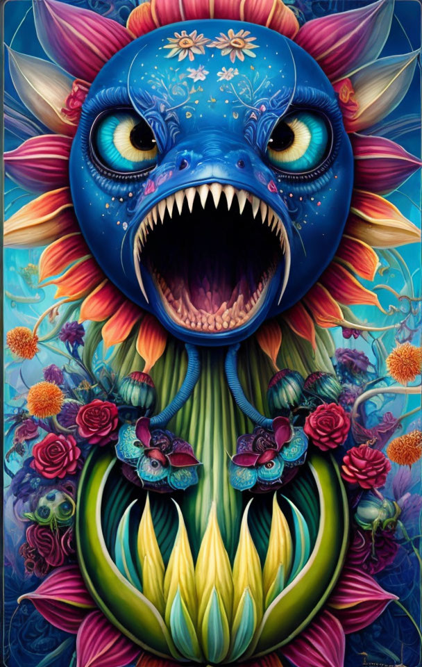 Colorful artwork: Blue creature with large eyes and sharp teeth among vibrant flowers.