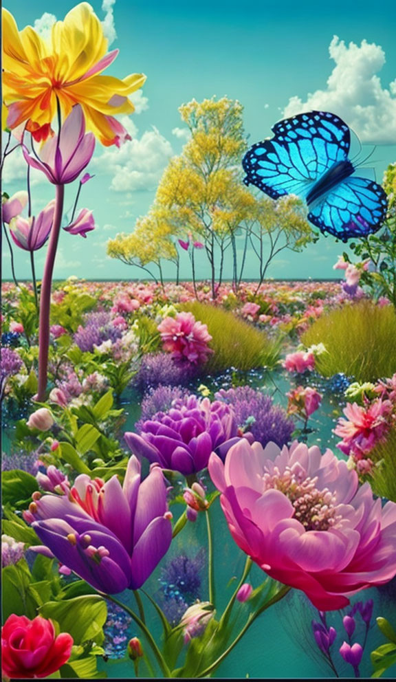 Colorful garden scene with blue butterfly and blooming flowers