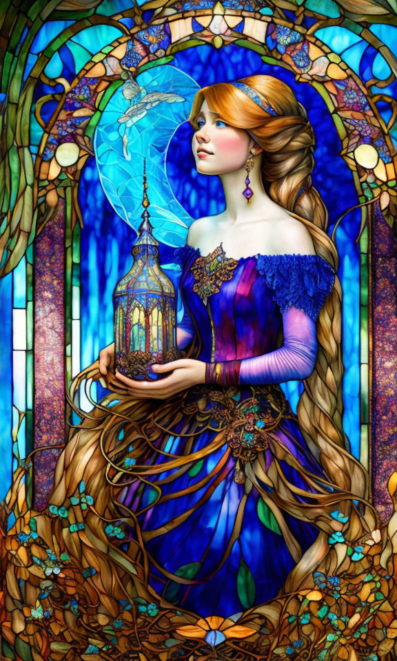 Woman in Blue Dress Holding Lantern Surrounded by Vibrant Stained Glass