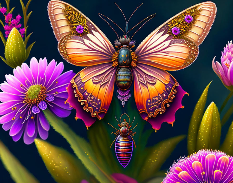 Colorful Butterfly and Bee Digital Art on Purple Flowers