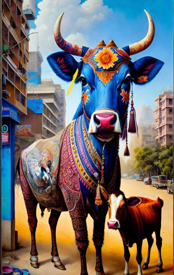 Colorful Urban Bull Artwork with Vibrant Patterns