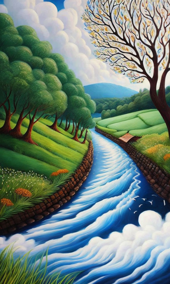 Scenic painting of winding river, wooden bridge, and lush green trees