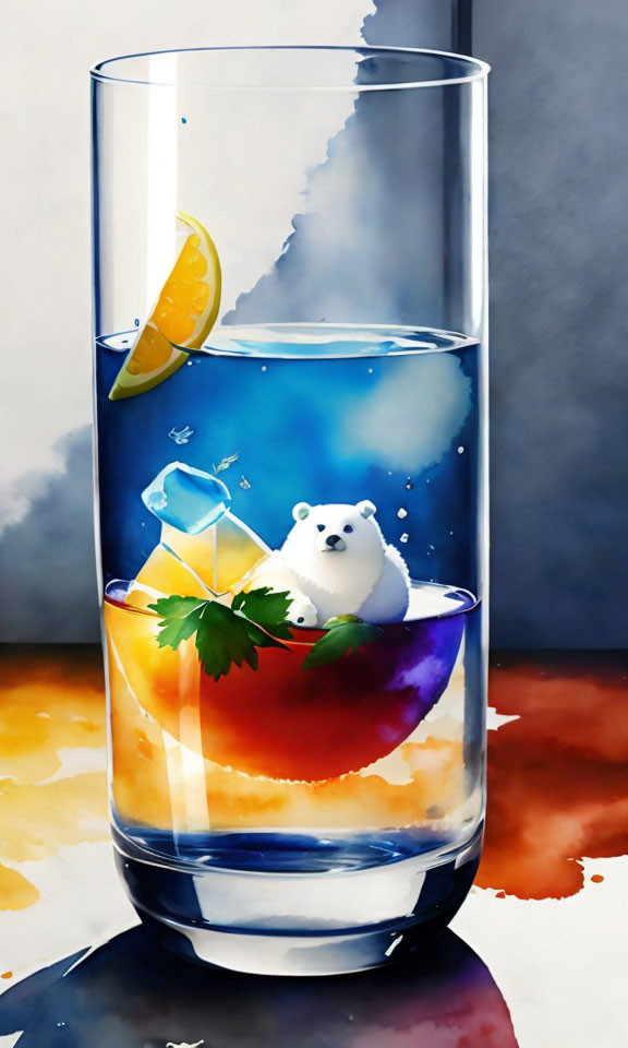 Colorful digital artwork featuring glass of water, ice cubes, polar bear, fruits, and leaf.