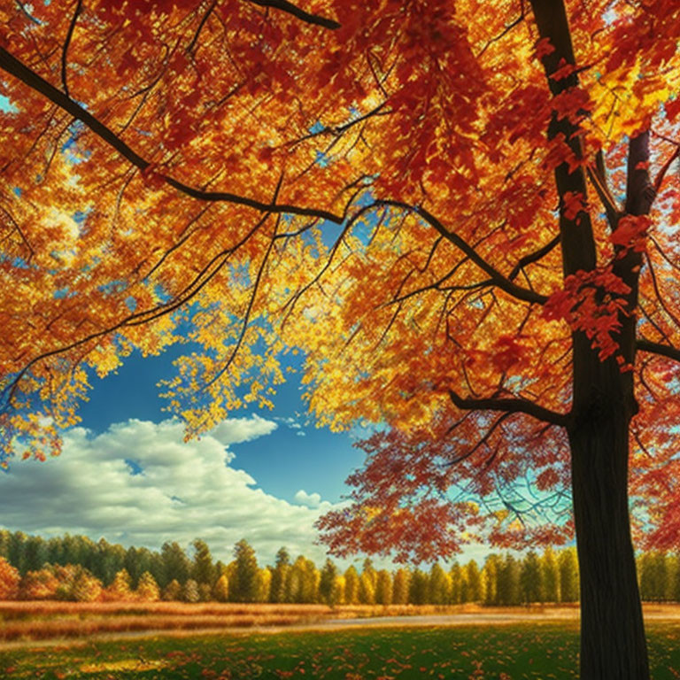 Colorful Autumn Foliage Against Blue Sky and Meadow