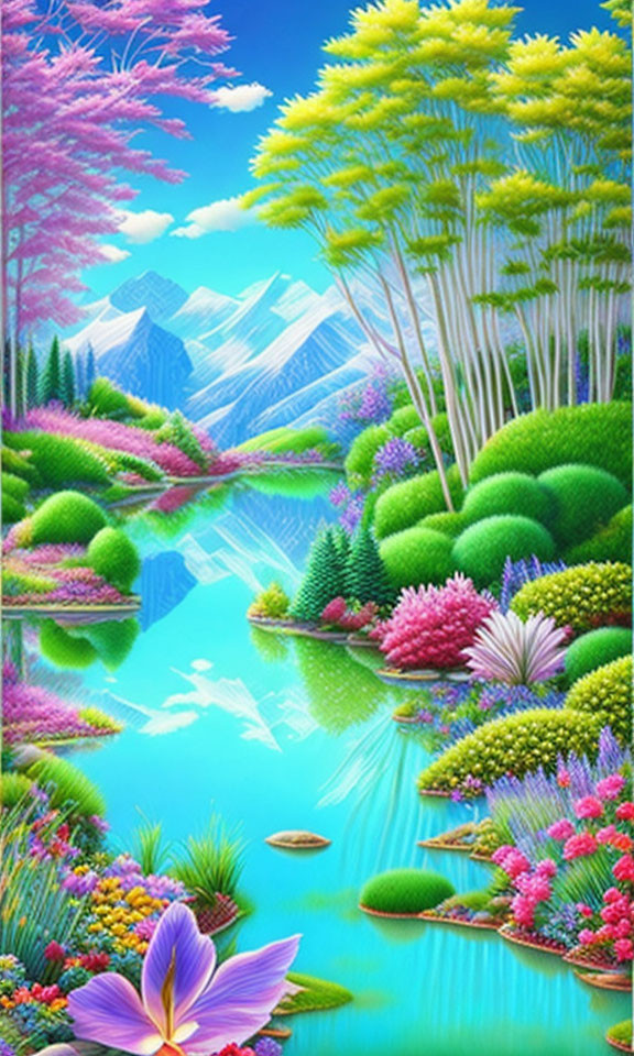 Colorful Landscape with Blue River, Flowers, Trees, and Mountains