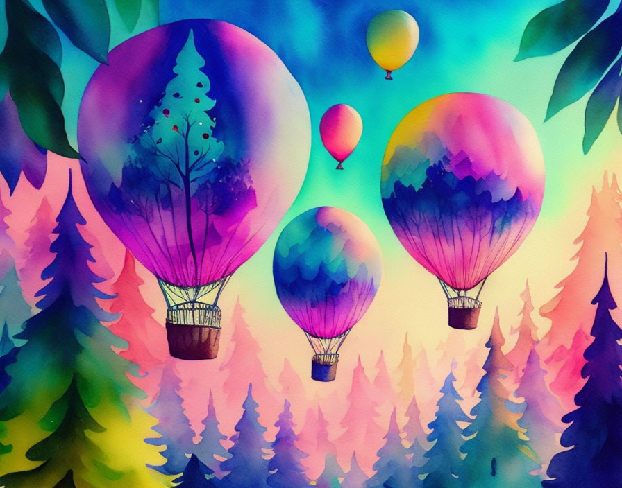 Vibrant watercolor painting: hot air balloons over colorful forest & gradient sky