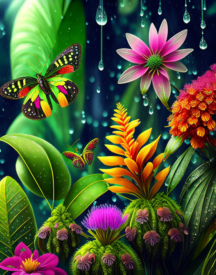 Colorful Tropical Scene with Butterflies and Exotic Flowers