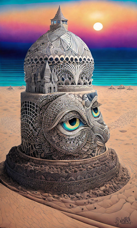 Intricate sand sculpture of face with domed building on beach at sunset