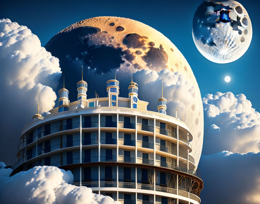 Futuristic building in cloudy sky with moon and planets