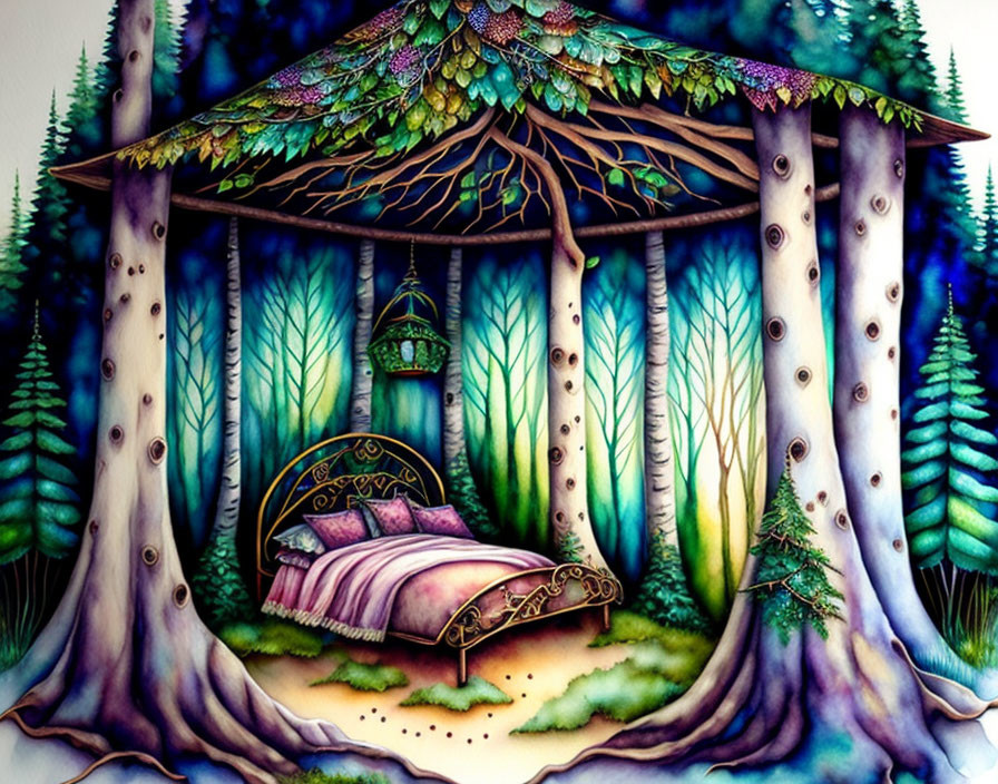 Illustration of cozy bed in magical forest with lantern under leafy canopy