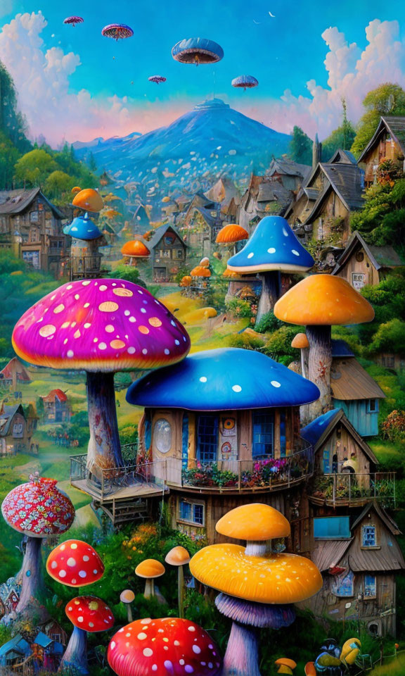 Whimsical village with mushroom houses and floating jellyfish creatures