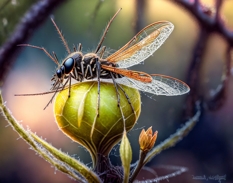 Transparent-winged dragonfly perched on green bud amidst delicate branches