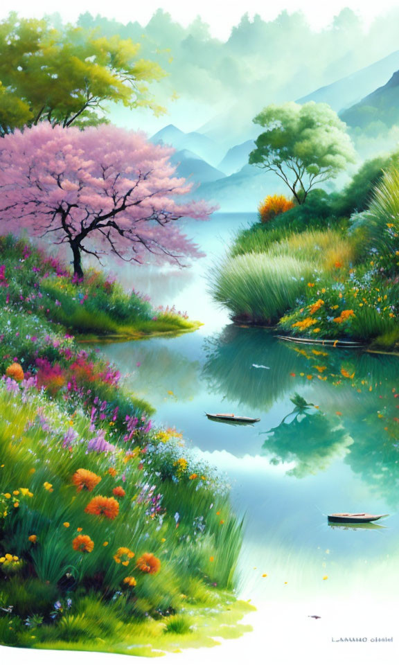 Tranquil landscape with cherry trees, river, and mountains