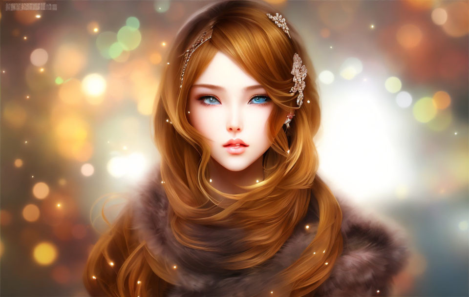 Digital artwork of a woman with long wavy hair, blue eyes, jeweled headpiece, fur