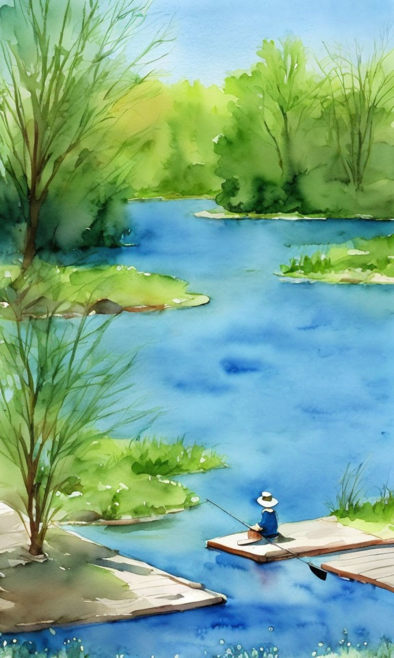 Tranquil watercolor painting of person fishing on dock by river