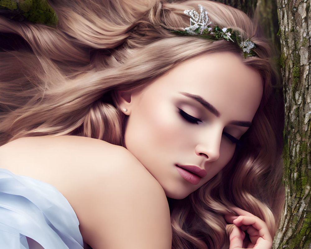 Woman with Long Flowing Hair and Tiara Resting Against Tree