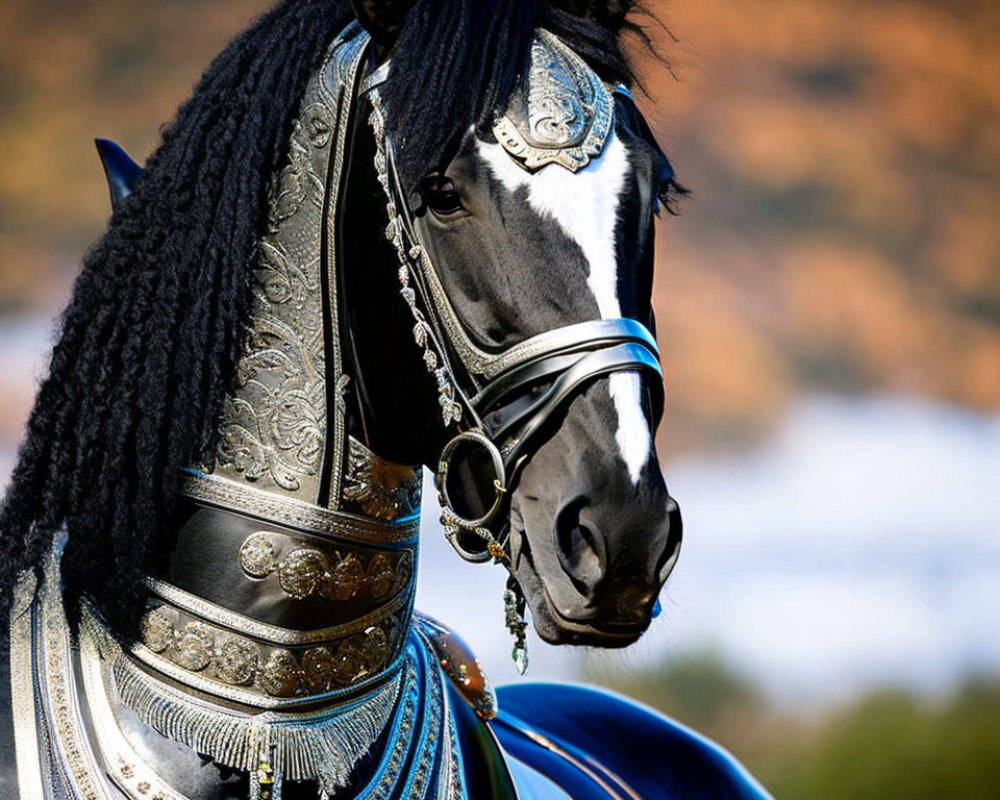 Majestic black horse with silver bridle in autumnal setting