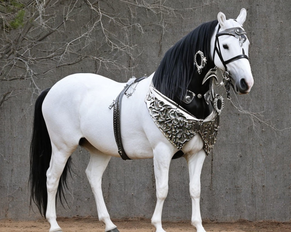 White horse with black mane in silver bridle against earthy backdrop