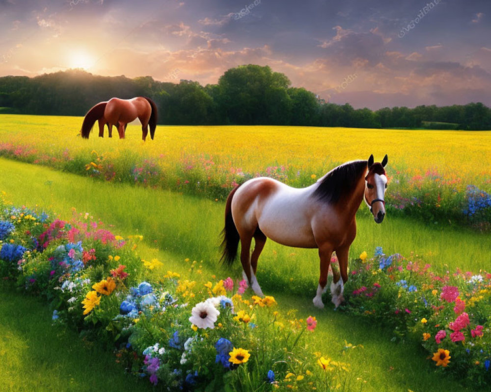 Two horses in vibrant wildflower field under sunset sky